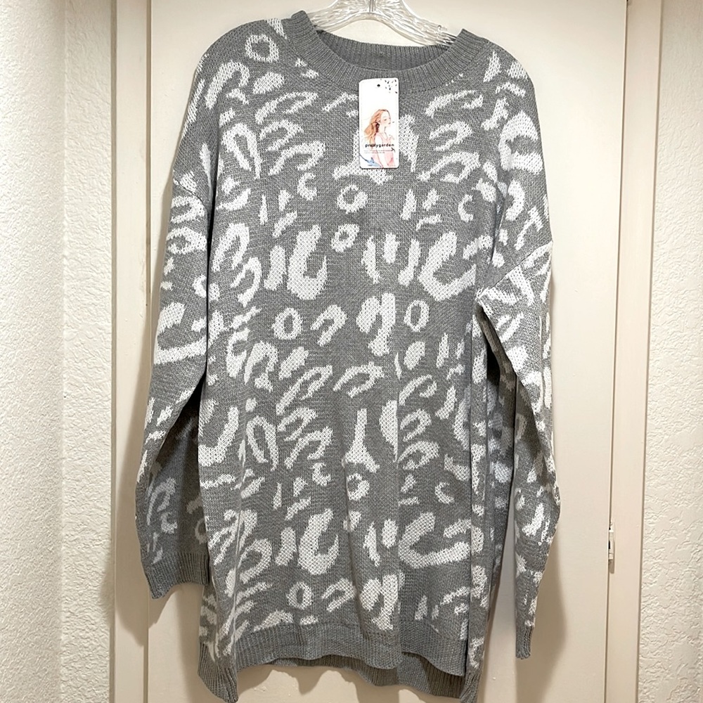 Grey and white leopard sweater dress.